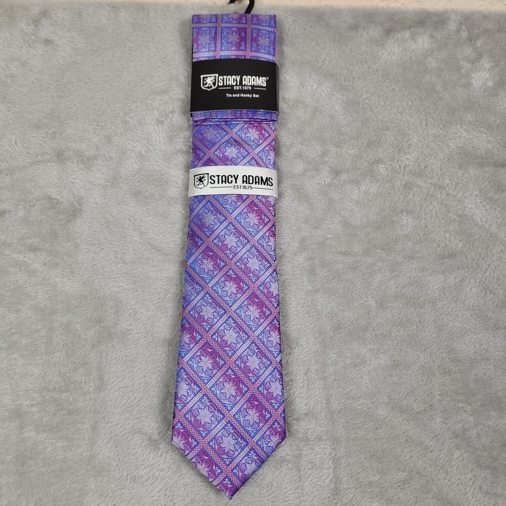 NWT Stacy Adams Necktie And Handkerchief Set - Blue / Purple 100% Micro Fiber